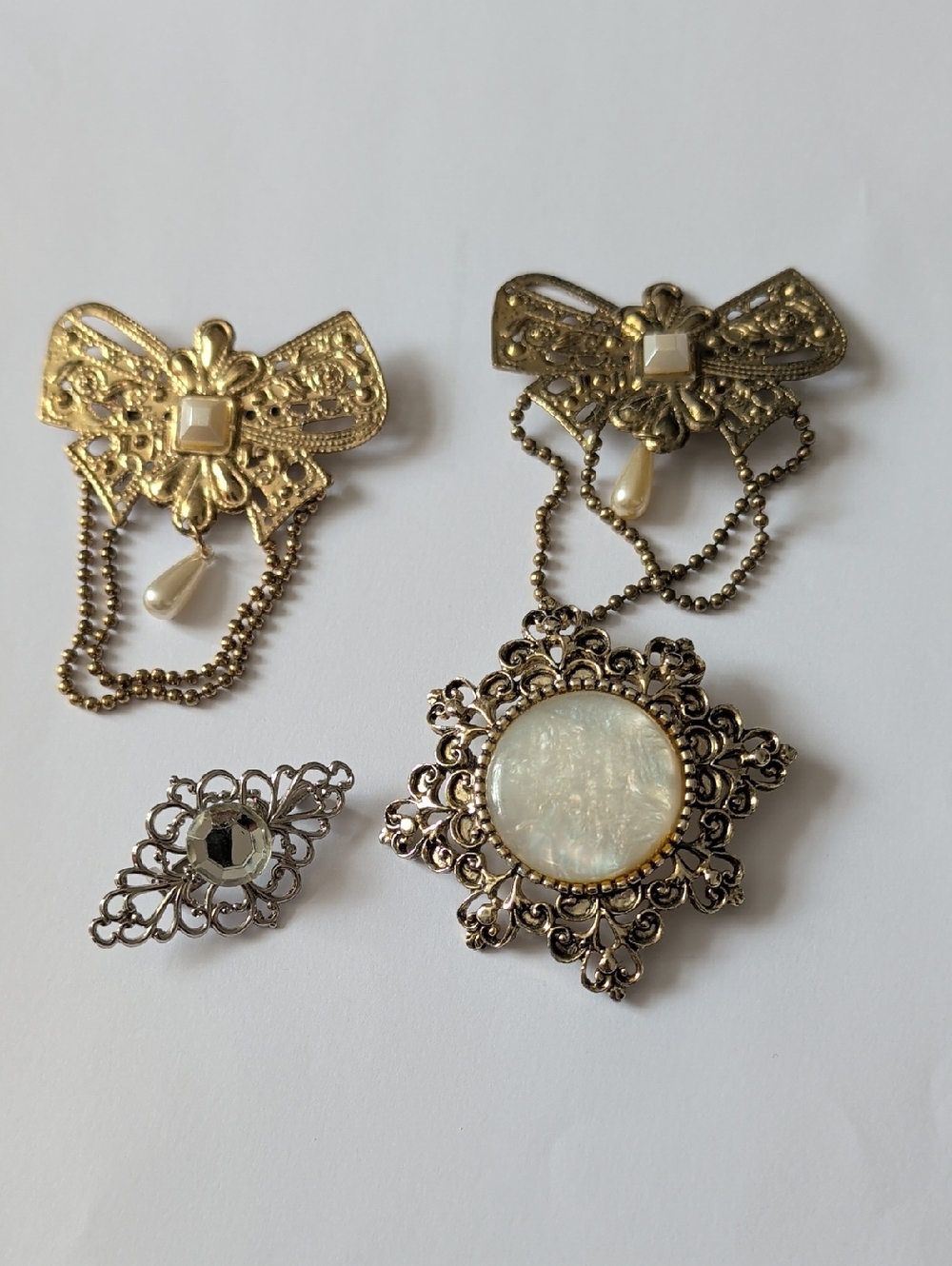 Gold-Tone Filigree Brooch Set with  Faux Mother-of-Pearl Accent
